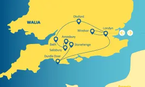 Mapa pokazuje trasę podróży po Anglii: Londyn, Windsor, Oksford, Stonehenge, Salisbury, Bath, Amesbury i Durdle Door. Idealna do planowania, co zwiedzić w Anglii!