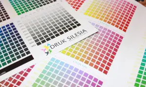 Kolorowe próbki druku i skale szarości. Logo "DRUK SILESIA" sugeruje, że to materiały do pracy w poligrafii.