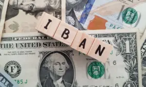 Drewniane klocki z napisem IBAN leżą na banknotach dolarowych. Numer IBAN to międzynarodowy numer rachunku bankowego.