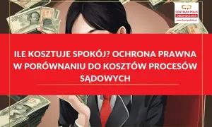 Kobieta w garniturze trzyma stosy pieniędzy. Grafika promuje ubezpieczenie prawne, porównując jego koszt z wydatkami sądowymi.