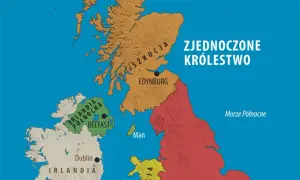 Mapa polityczna Wielkiej Brytanii (wyspa) z zaznaczonymi Szkocją, Anglią, Irlandią Północną i Irlandią.