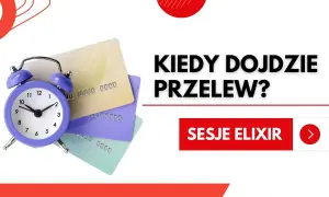 Budzik i karty płatnicze symbolizują pytanie: "o której przychodzą przelewy?". Obok przycisk "Sesje Elixir".