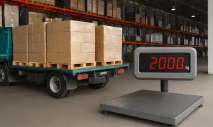 Ciężarówka z paletami towaru czeka na ważenie. Waga pokazuje 2000 kg, czyli około 4400 funtów.