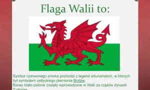 Godło Walii: czerwony smok na tle zielono-białym. Symbol pochodzi z legend arturiańskich, związany z celtyckim plemieniem Brytów.