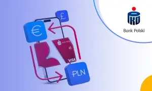 Jak wpłacić euro na konto walutowe PKO? Grafika pokazuje telefon, kartę PKO Visa, symbole euro, funta i PLN, sugerując łatwe transakcje walutowe.