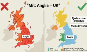 Podział administracyjny Anglii i Wielkiej Brytanii. Mapa pokazuje błędne utożsamianie Anglii z UK.