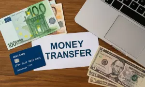 Karta debetowa, banknoty euro i dolary obok napisu "MONEY TRANSFER" i laptopa. Transakcja na 20 GBP?