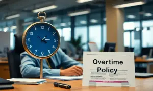 Zegar biurowy i dokument "Overtime Policy" sugerują pytanie: czy pracodawca może zmusić do nadgodzin? Czas nagli, a zasady niejasne.