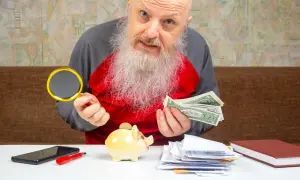 Starszy mężczyzna z lupą i dolarami zastanawia się, gdzie wymienić stare funty. Obok świnka-skarbonka i stos dokumentów.