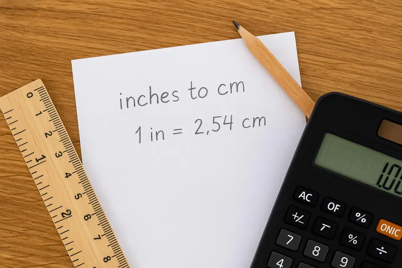 Notatka z kalkulatorem i linijką wyjaśnia, że cal to angielska jednostka długości równa 2,54 cm.