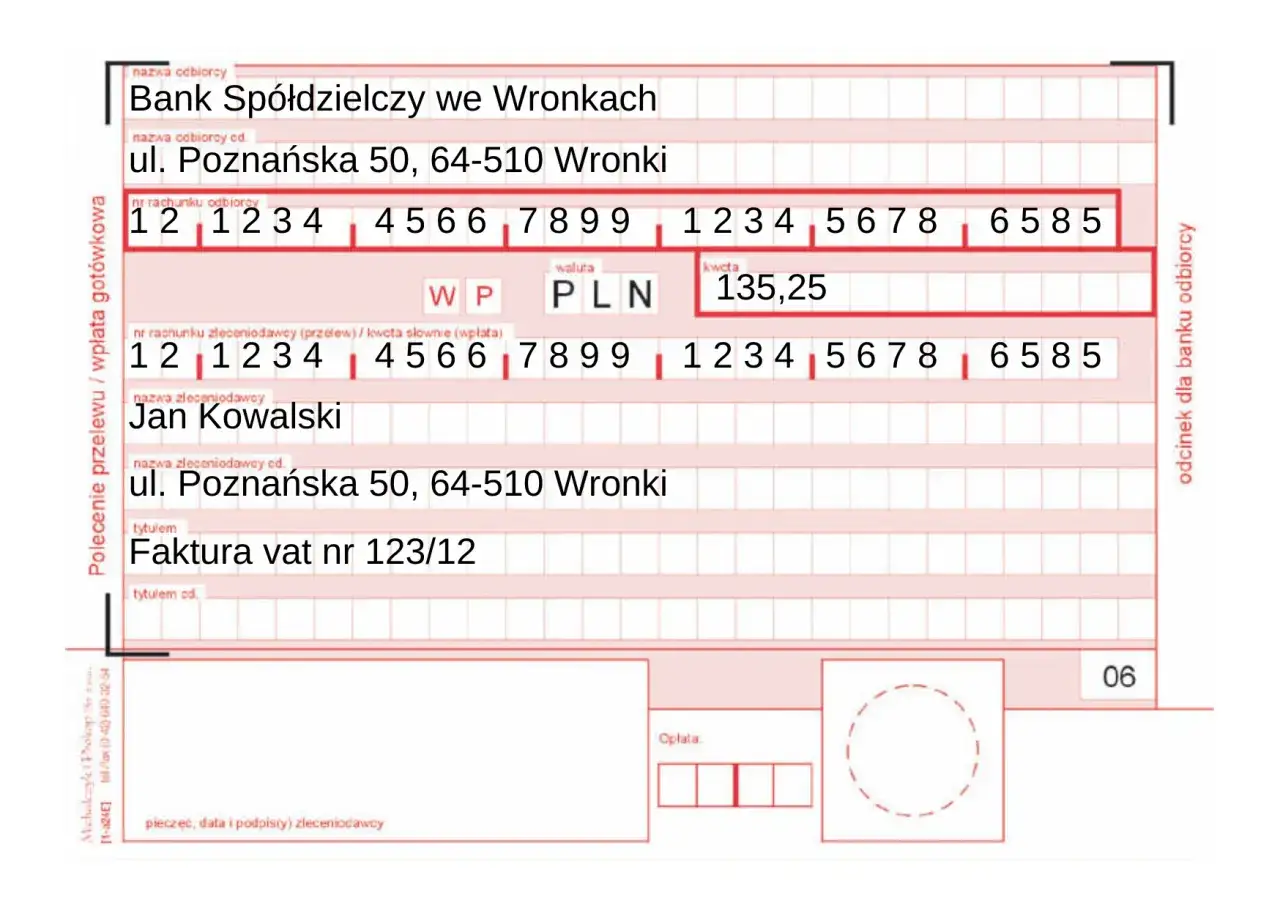 Szczeg&oacute;ły księgowania przelew&oacute;w: Jan Kowalski zleca przelew na kwotę 135,25 PLN do Banku Sp&oacute;łdzielczego we Wronkach na fakturę vat nr 123/12.