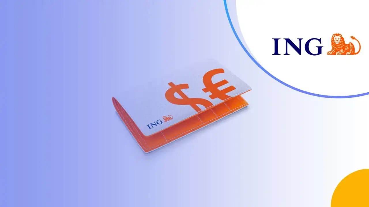 Portfel z symbolami dolara i euro, logo ING. Sprawdź opłaty za konto walutowe.