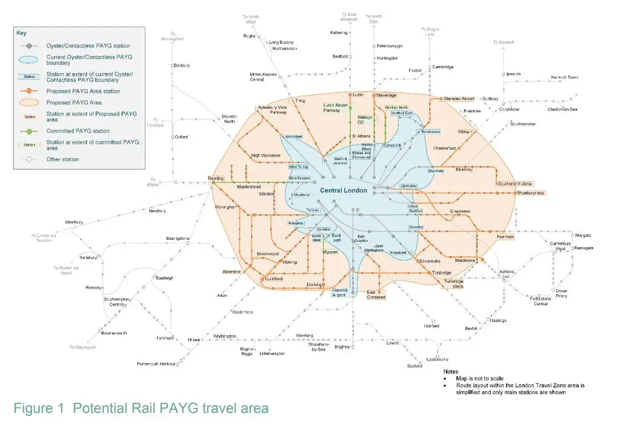 Mapa pokazuje obszar podróży kolejowej w Londynie i okolicach, z zaznaczonymi stacjami i planowanymi strefami PAYG. Pozwala to zorientować się w potencjalnych metro londyn ceny.