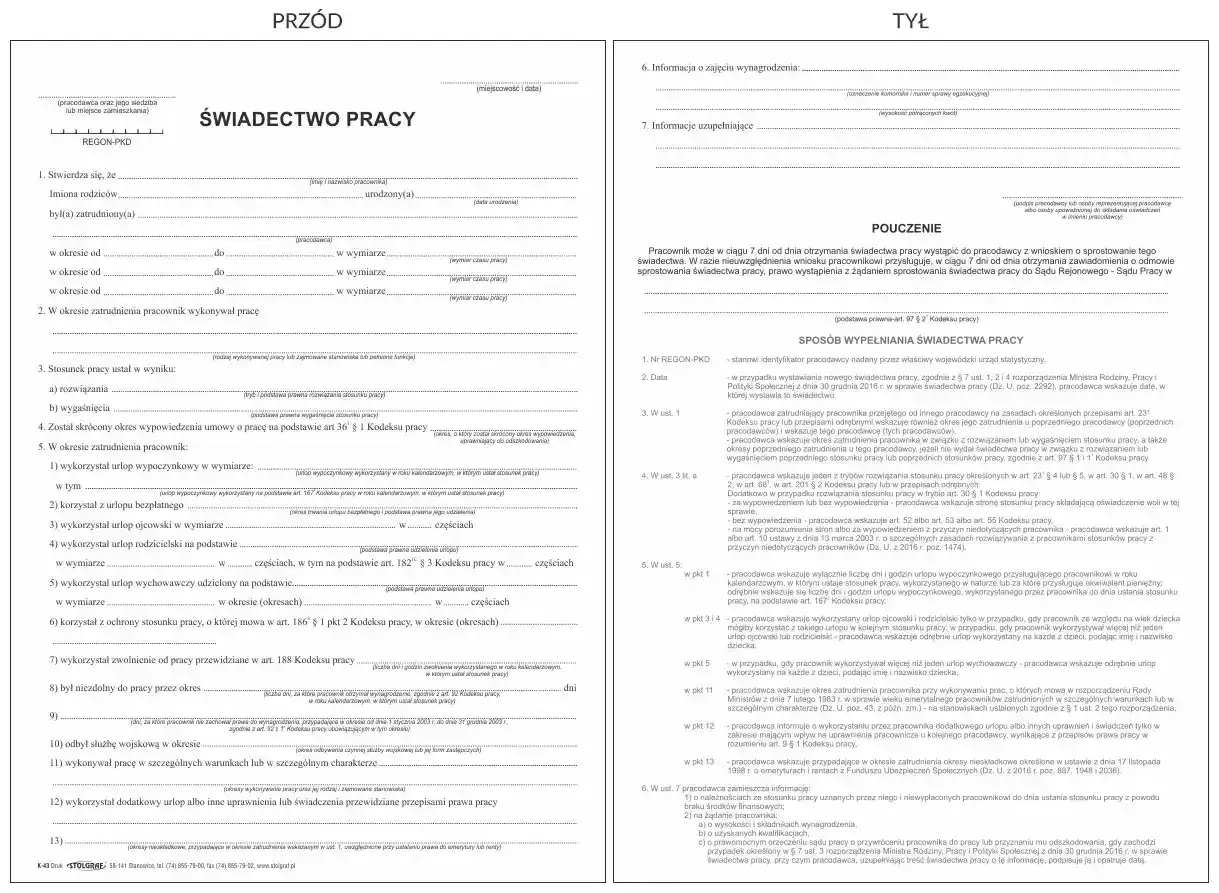 Świadectwo pracy, dokumentujące historię zatrudnienia, zawiera dane pracownika i pracodawcy, okresy pracy, urlopy i inne informacje.