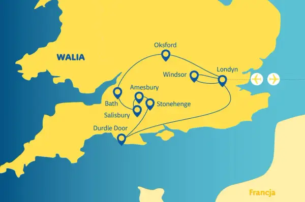 Mapa pokazuje trasę podróży po Anglii: Londyn, Windsor, Oksford, Stonehenge, Salisbury, Bath, Amesbury i Durdle Door. Idealna do planowania, co zwiedzić w Anglii!