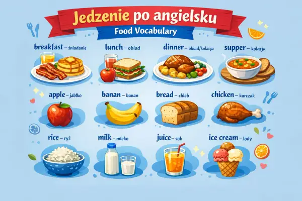 Ilustracja przedstawia różne potrawy i napoje z podpisami po angielsku i polsku, m.in. śniadanie, obiad, kolację, jabłko, banana, chleb, kurczaka, ryż, mleko, sok i lody.